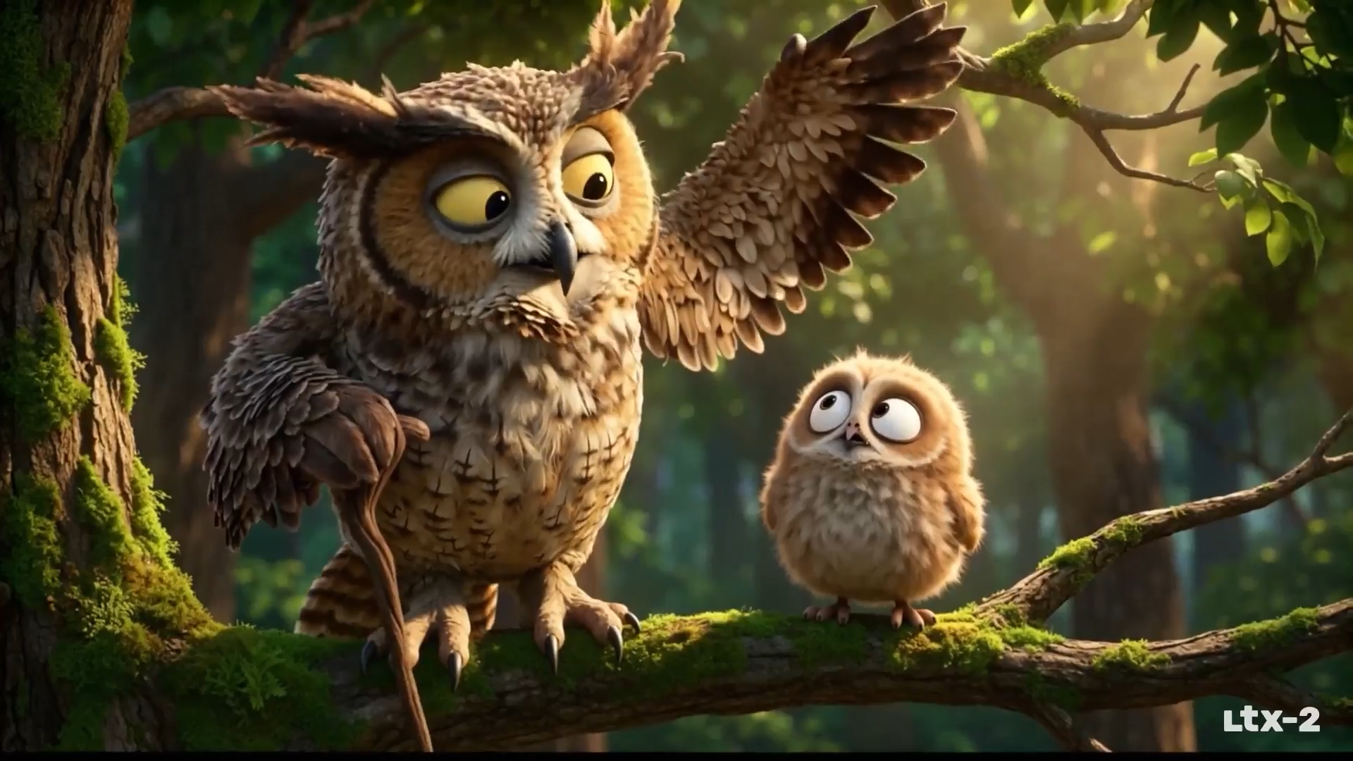 AI generated forest scene with two owls on moss covered branch showing photorealistic detail and natural lighting