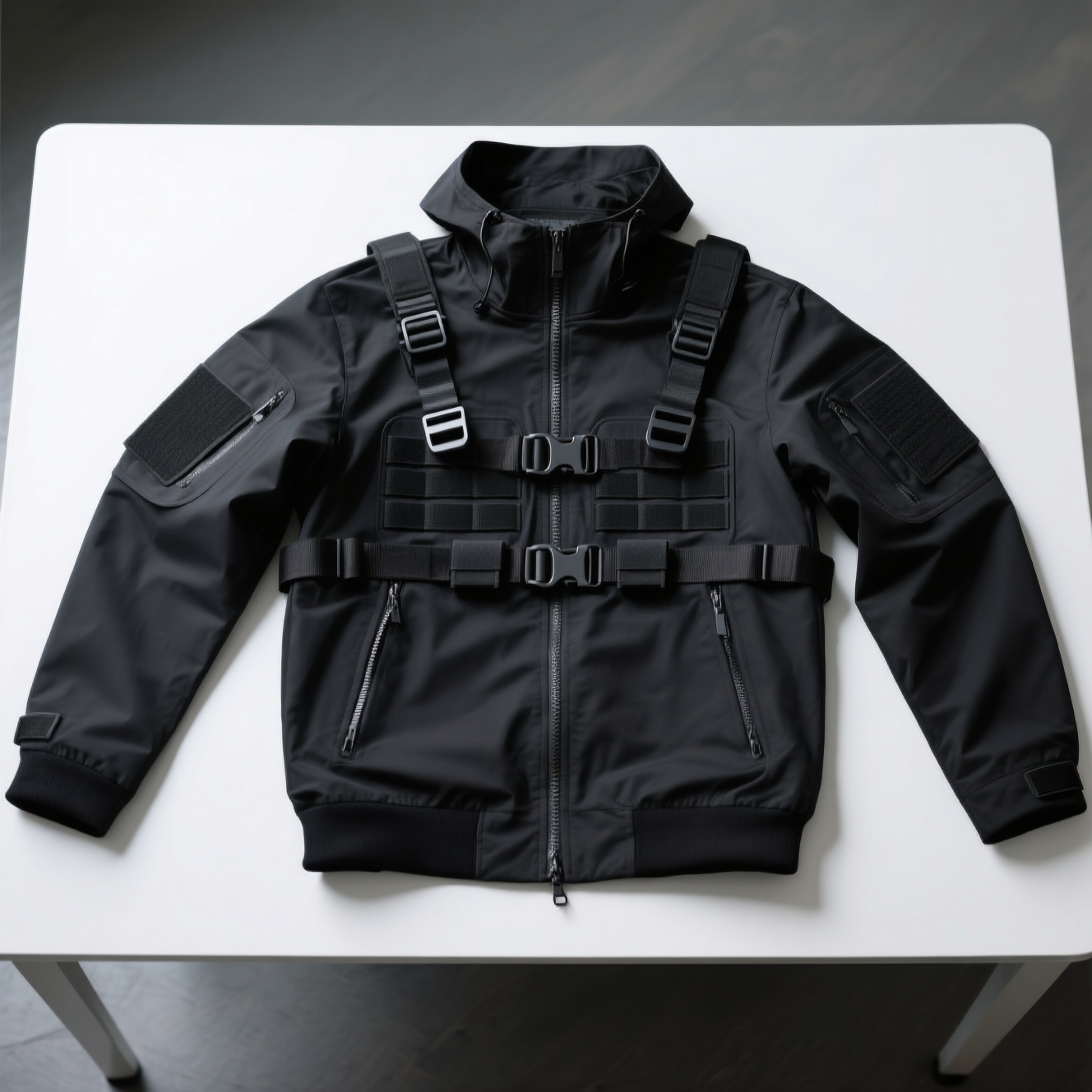 Flat lay reference photo of a matte black techwear tactical jacket