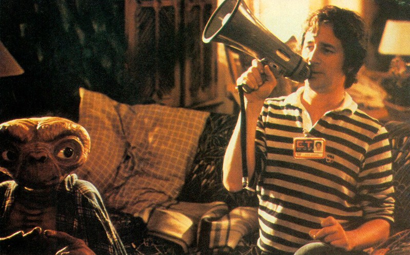 Steven Spielberg with the ET puppet on the set of E.T. the Extra-Terrestrial in 1982