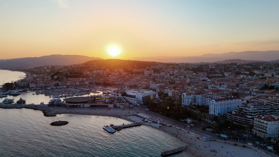 Aerial drone view of Cannes and the Palais des Festivals along the Croisette in 2024