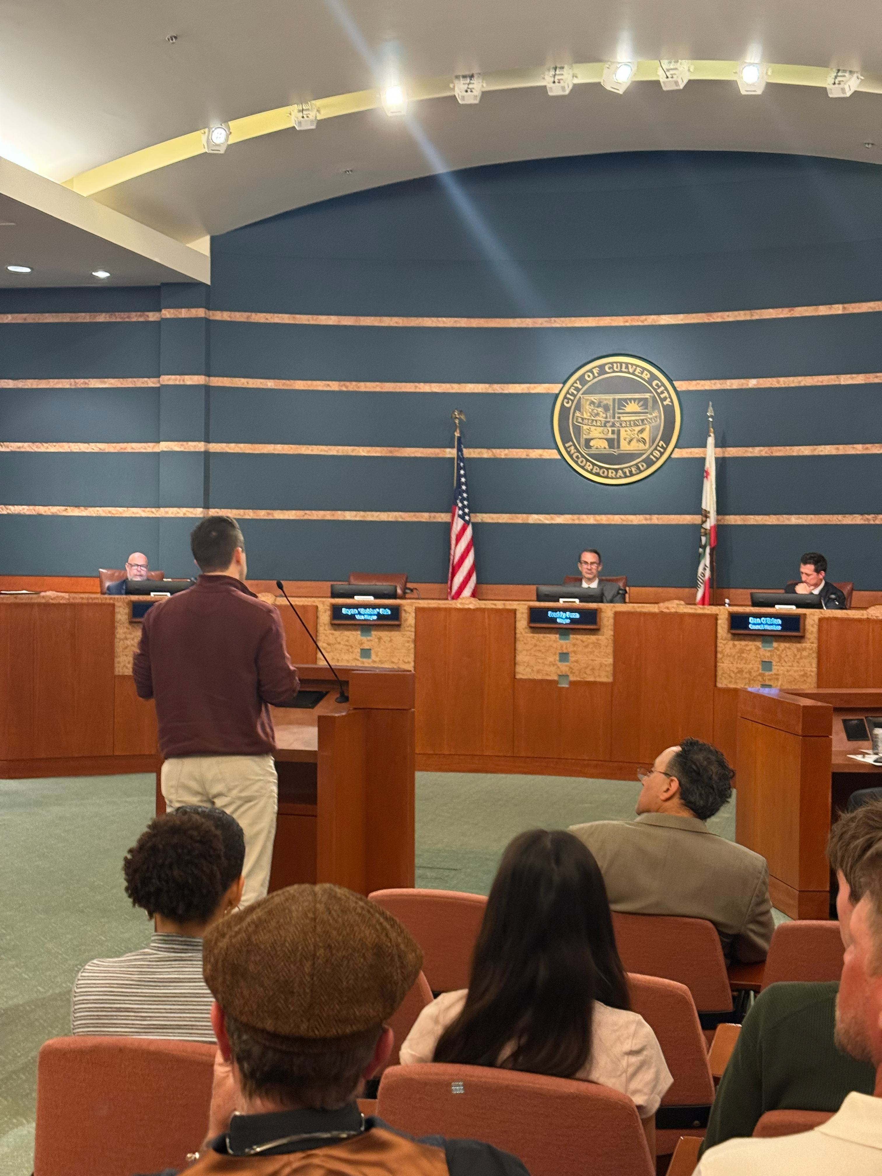 Culver City Council chamber during the March 9, 2026 meeting to back AI on the Lot