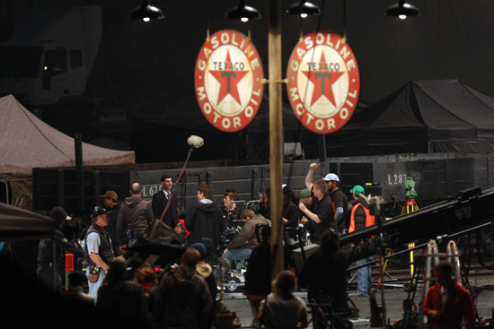 Film production set with crew and equipment on location