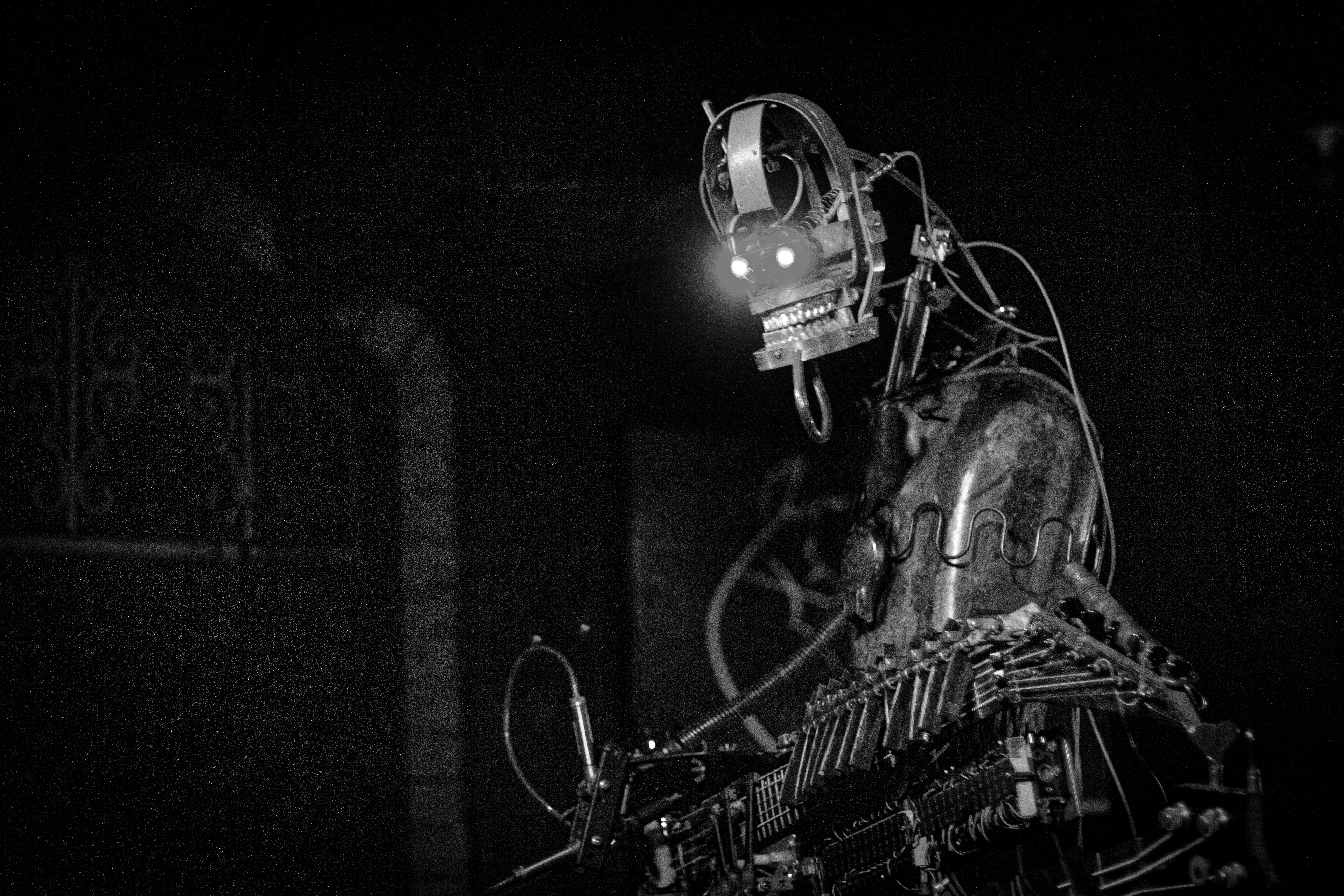 Cinematic motorcycle scene in dark room with dramatic lighting