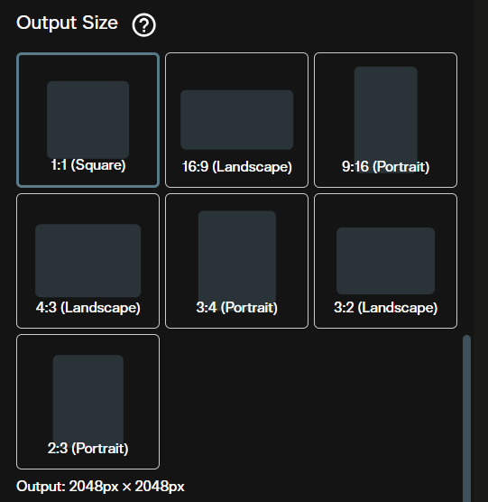 Output size aspect ratio selector in the AI FILMS Studio Character Generator