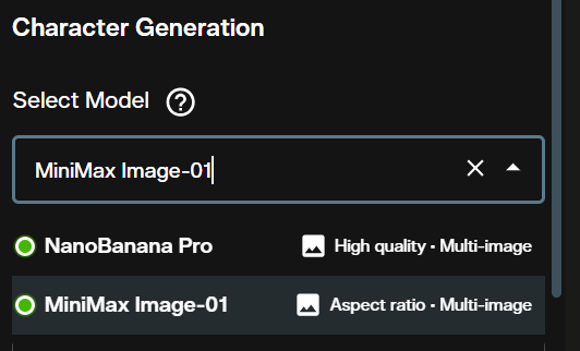 Model selection dropdown in the AI FILMS Studio Character Generator