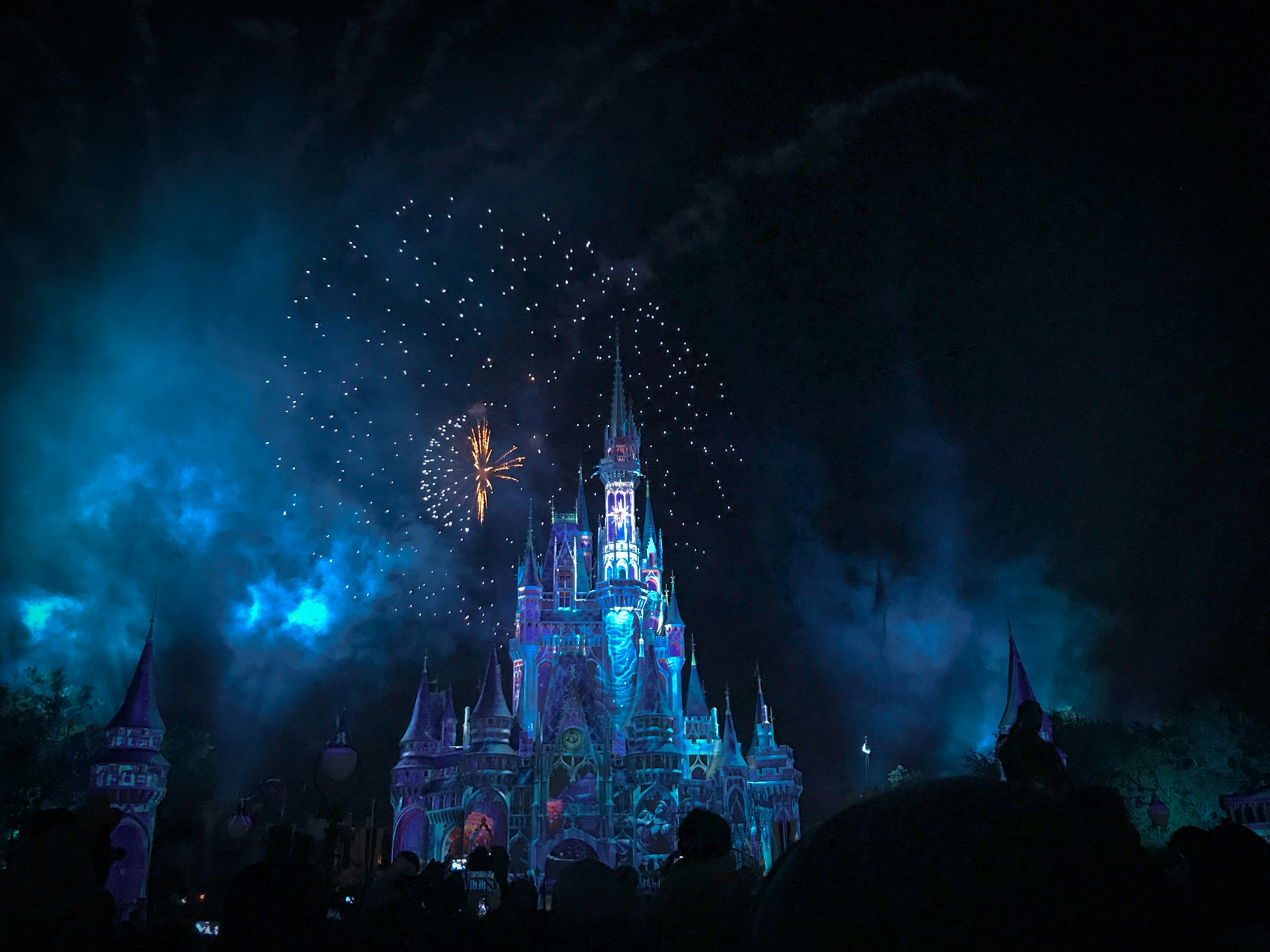 Disney castle illuminated at night with fireworks display