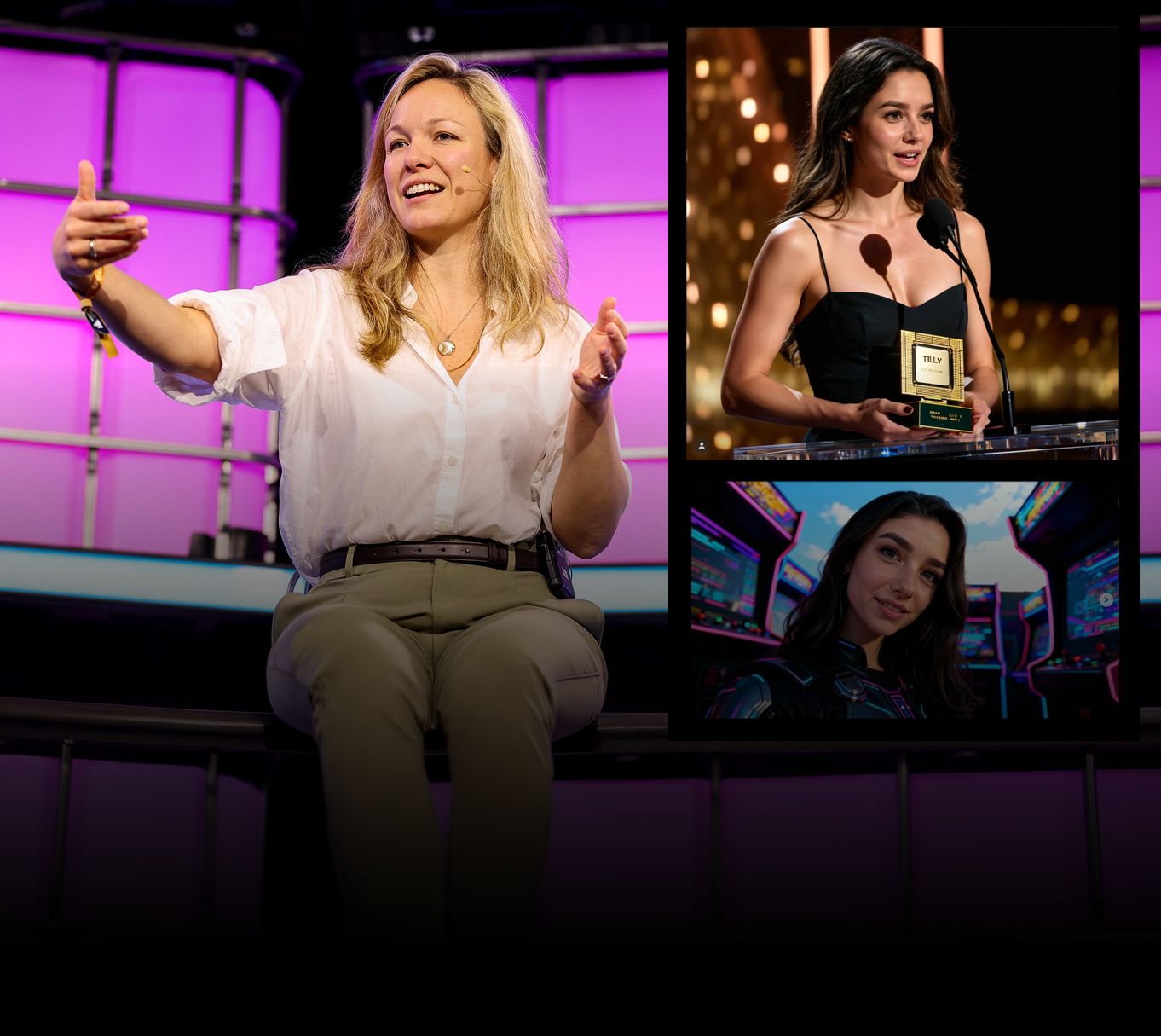 Eline van der Velden with Tilly Norwood synthetic performer visualization