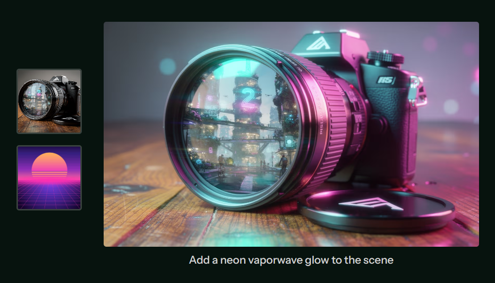 Camera with neon vaporwave lighting showing FLUX.2 style transfer capabilities