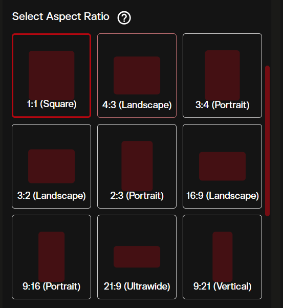 FLUX.1 Kontext Max aspect ratio selector showing nine ratio options including ultrawide 21:9