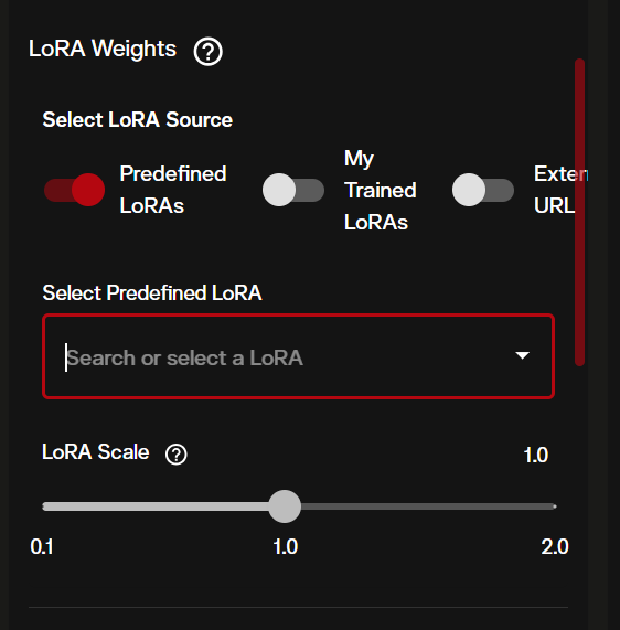 FLUX.1 LoRA selection panel showing custom trained and predefined LoRA weight options