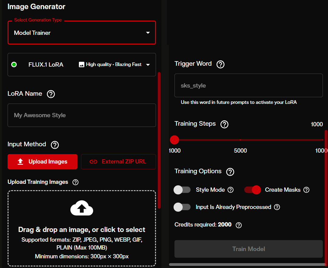 FLUX.1 LoRA Fast Trainer interface showing training configuration options and image upload