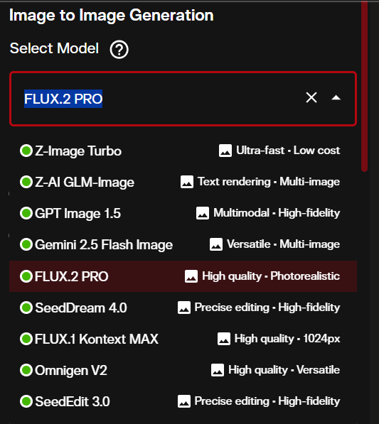 AI FILMS Studio image workspace showing FLUX model selector dropdown