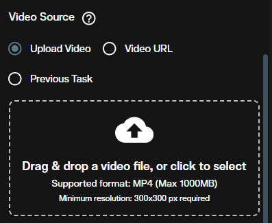 Video Source upload area with drag and drop, URL, and Previous Task options