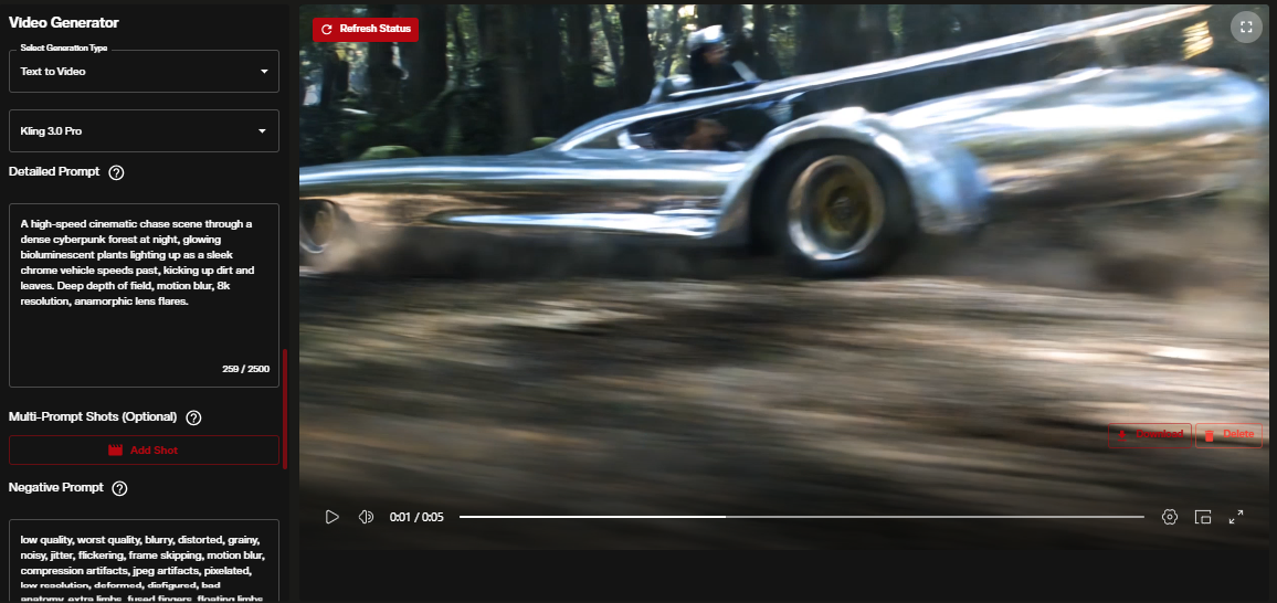 AI FILMS Studio video generation workspace showing Kling 3.0 model selection
