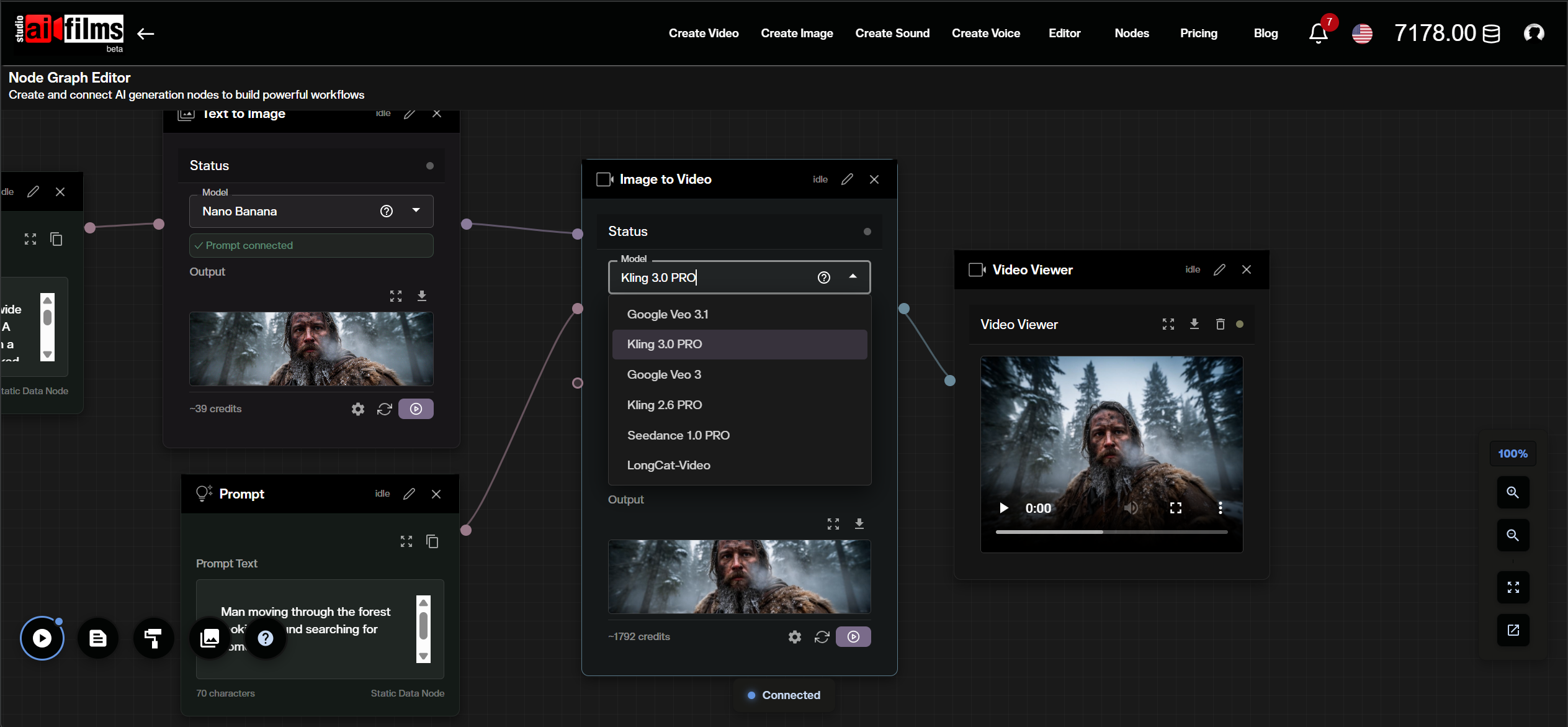 Selecting Kling 3.0 PRO model inside the node graph editor