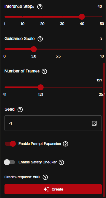 LongCat Video number of frames slider set to 121 with range 41 to 257 and prompt expansion toggled on