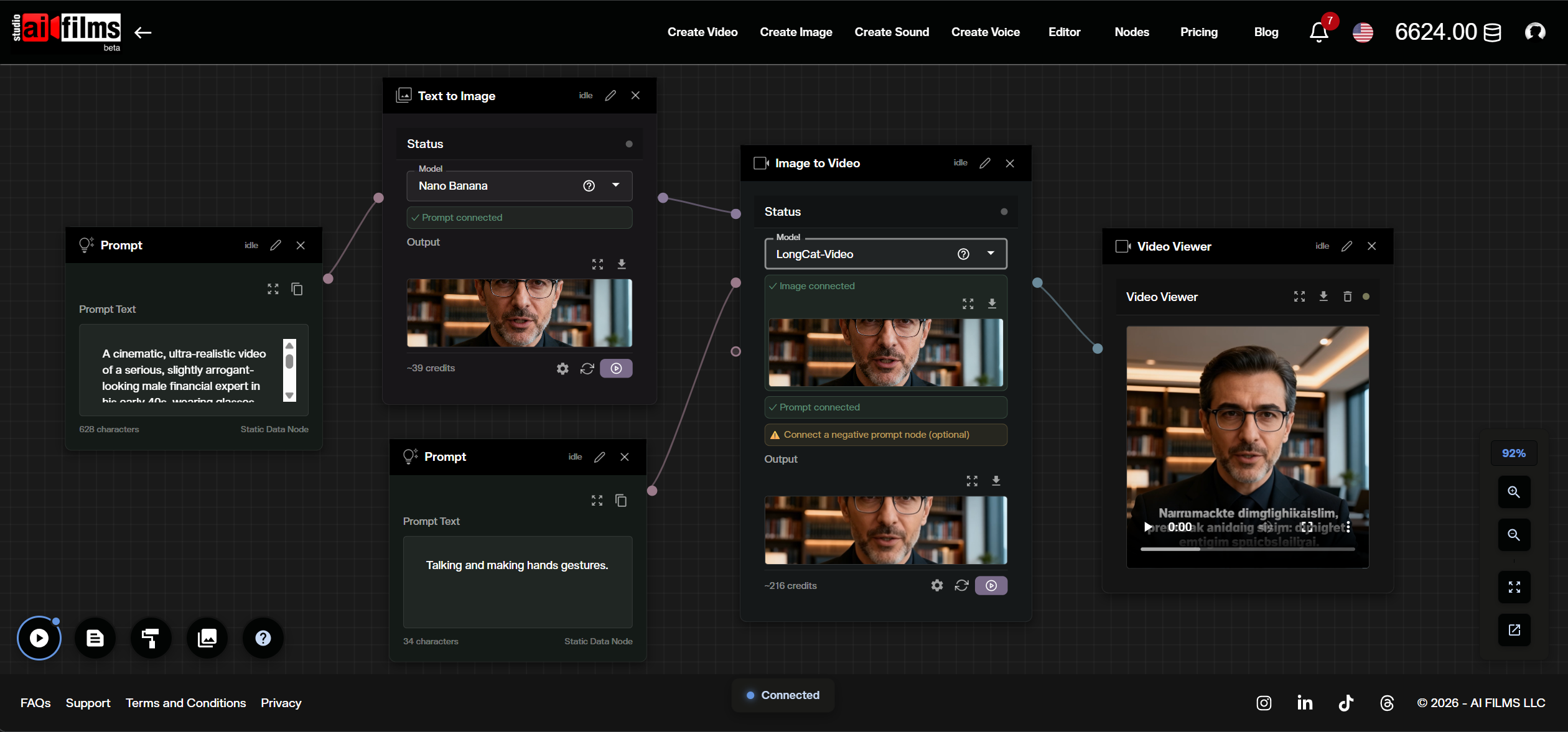 AI FILMS Studio Node Graph showing Prompt nodes connected to NanoBanana text to image node, then to LongCat Video image to video node, ending in a Video Viewer