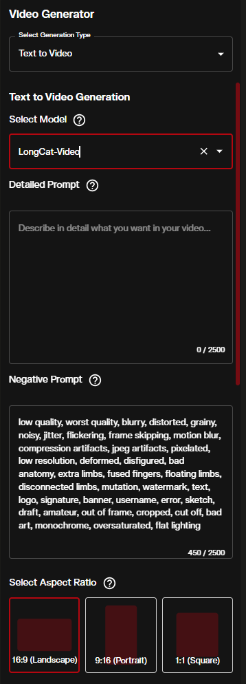 LongCat Video text to video generator showing model selection, prompt fields, and aspect ratio options