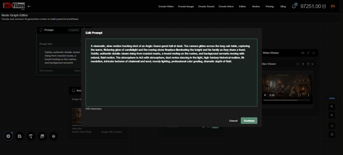 LTX-2.3 image-to-video node in the AI FILMS Studio Node Graph showing the prompt input field configured