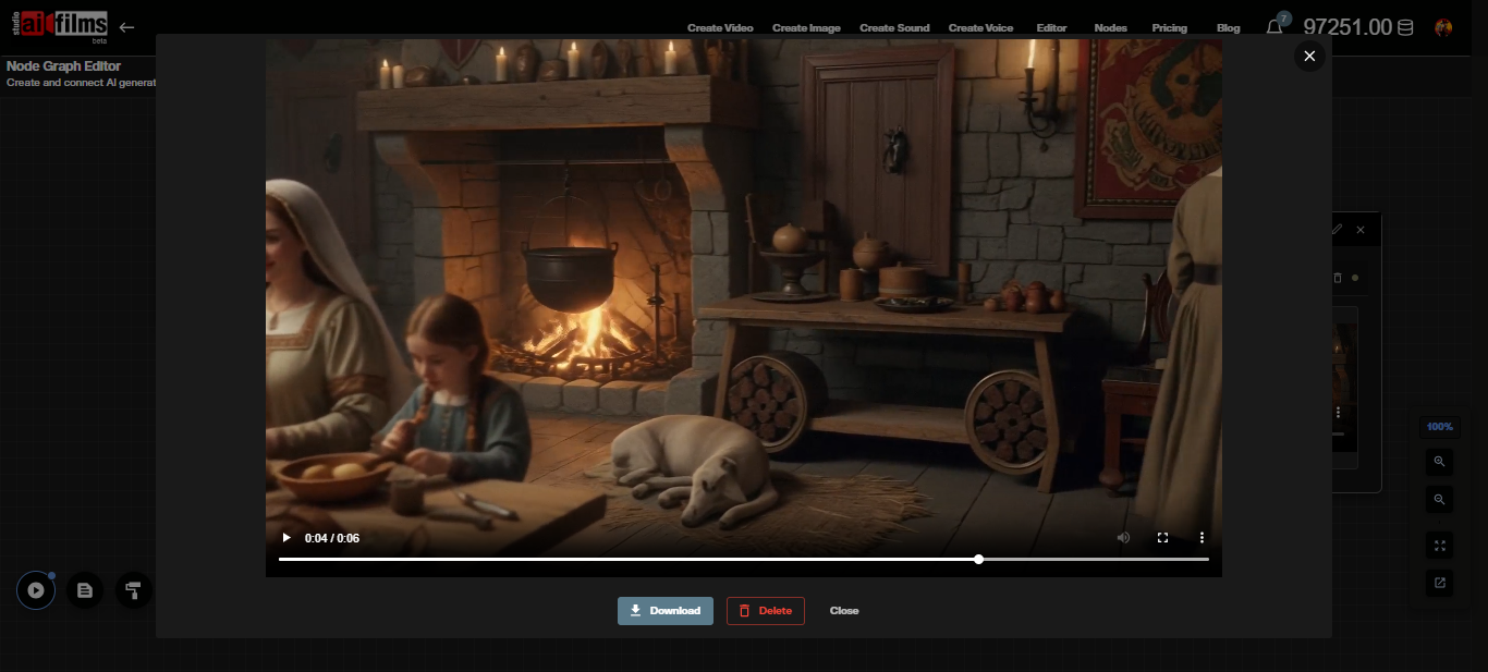 LTX-2.3 image-to-video node graph on AI FILMS Studio showing completed video output in the result node