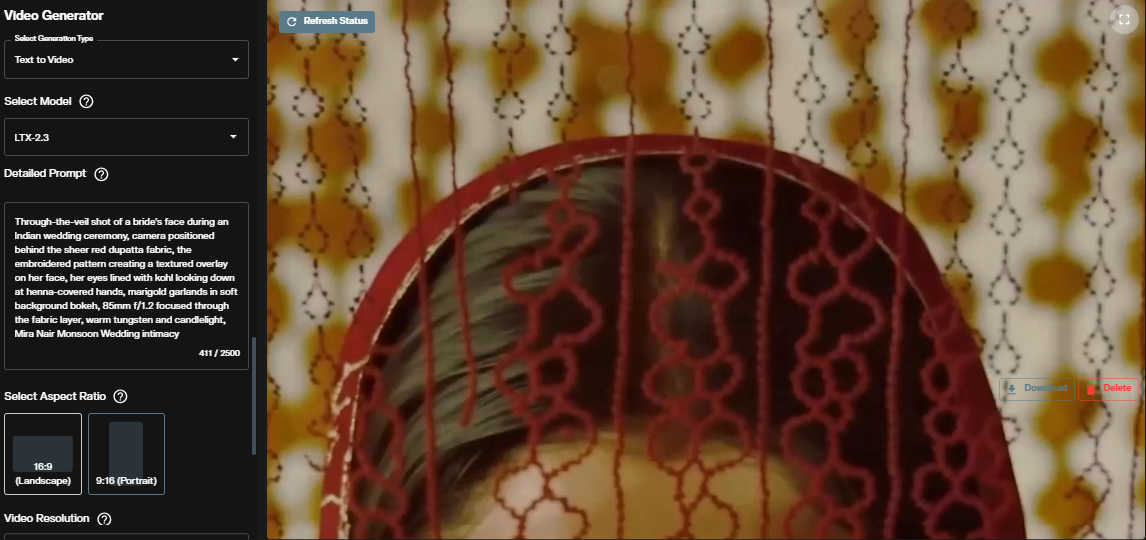 LTX-2.3 text-to-video generator on AI FILMS Studio showing a completed video output ready for preview and download