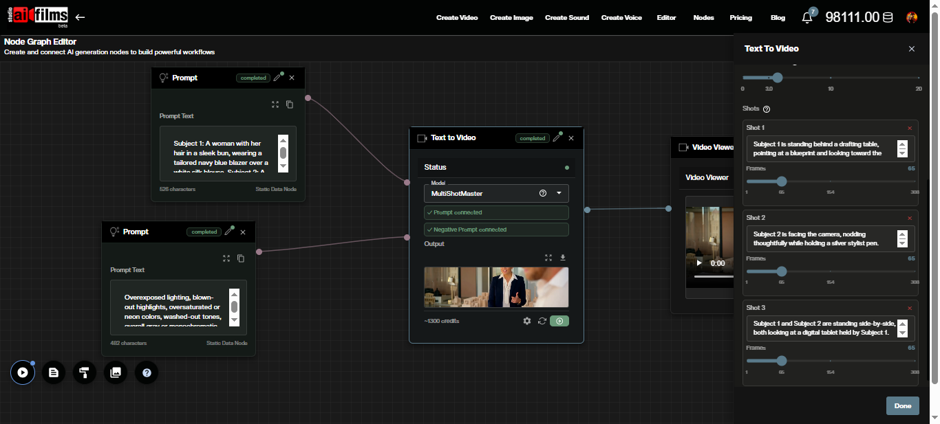 MultiShotMaster node graph workflow with the settings panel open showing resolution, shots, and parameter controls