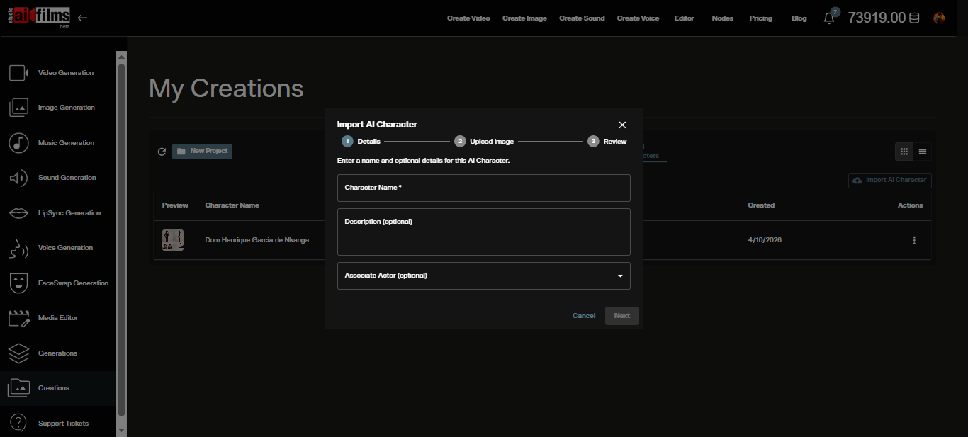 Import AI character file workflow in the My Content section of AI FILMS Studio