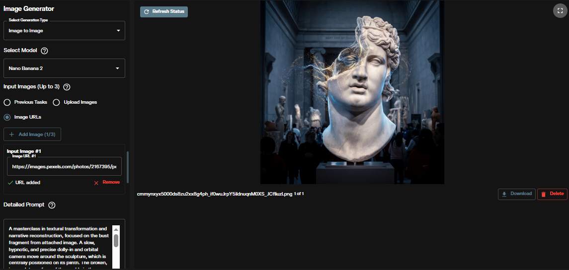 Nano Banana Pro 2 image-to-image generation workspace interface in AI FILMS Studio showing the Image Generator panel with upload area and edit controls