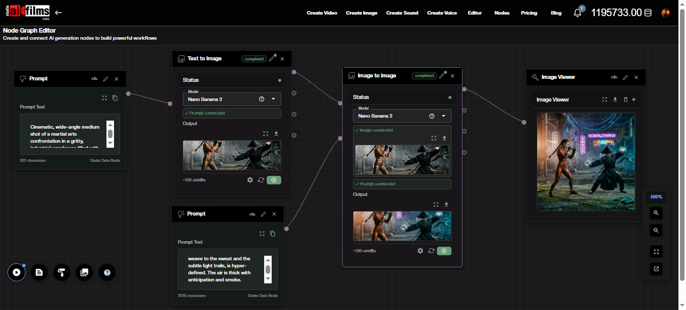 Nano Banana Pro 2 image-to-image node graph workflow in AI FILMS Studio Node Graph Editor showing connected Image, Prompt, Image to Image, and Image Viewer nodes