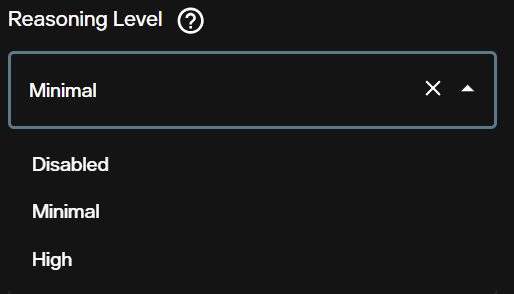 Reasoning Level dropdown for Nano Banana Pro 2 image-to-image showing Disabled, Minimal, and High options