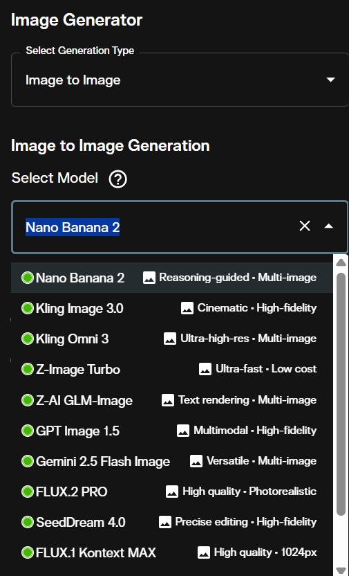 AI FILMS Studio model selection dropdown showing Nano Banana 2 Image to Image selected alongside other image generation models