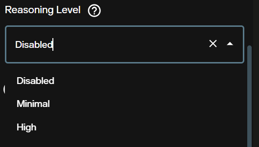 Reasoning Level dropdown for Nano Banana Pro 2 showing Disabled selected, with Minimal and High options below