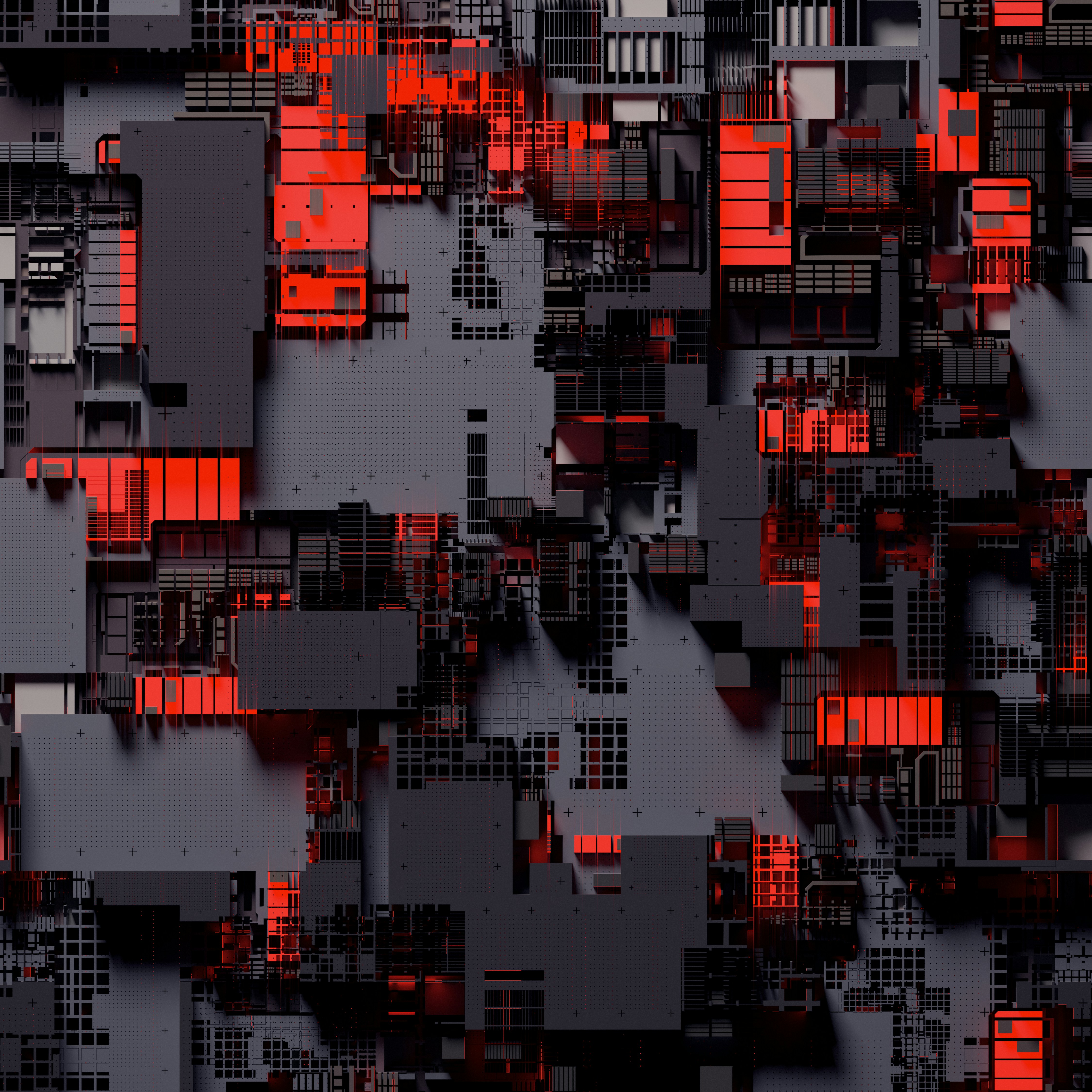 Computer generated image of a city with red lights representing a futuristic digital landscape
