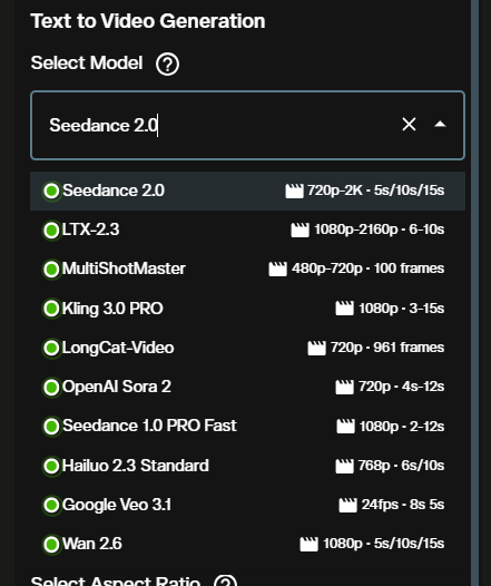 Seedance 2.0 model selection showing Basic and High quality options