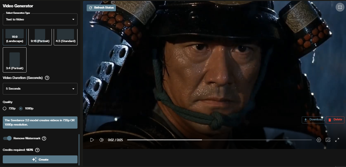 Seedance 2.0 text to video completed output showing generated video in the workspace