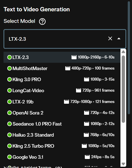 Model selection dropdown in the AI FILMS Studio video generation interface showing LTX-2.3 text-to-video as a selectable option