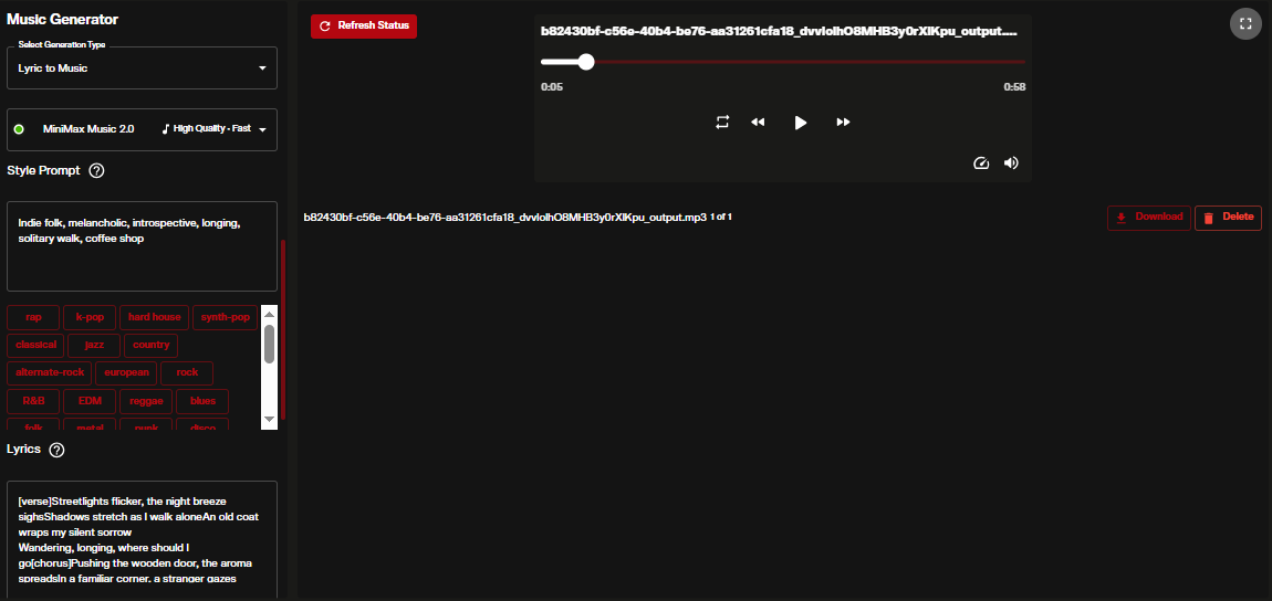 AI music generation interface