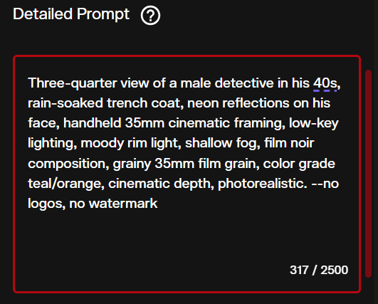 Detailed prompt input interface for describing image transformation