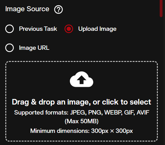 Interface showing image upload panel with drag and drop functionality